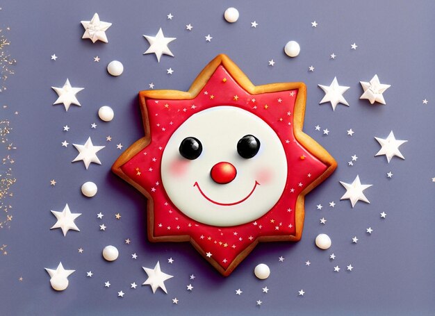 Foto rood stervormig koekje met een lachend gezicht van rode kleur en sterren eromheen