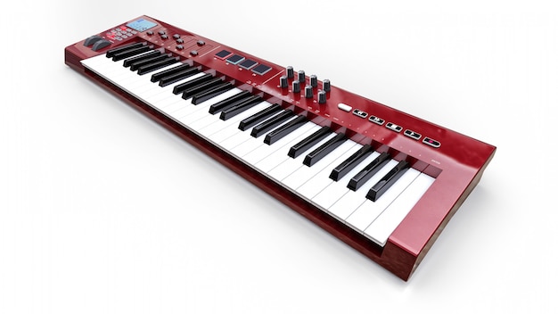 Rood synthesizer MIDI-toetsenbord op witte achtergrond. Synth toetsen close-up. 3D-weergave