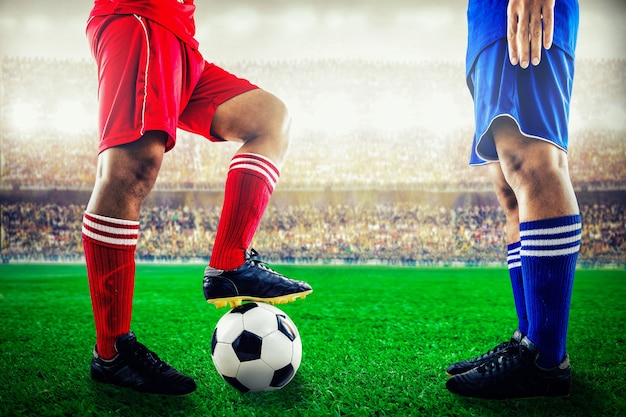 rood team versus blauw team in het stadion van voetbal