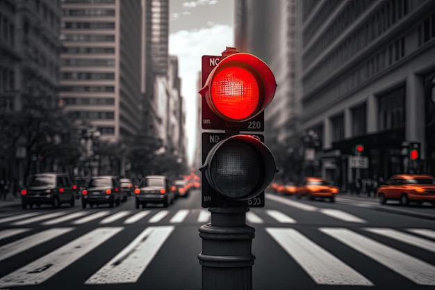 Rood verkeerslicht met close-up van stopbord en zebrapad tegen de achtergrond van drukke stadsstraat