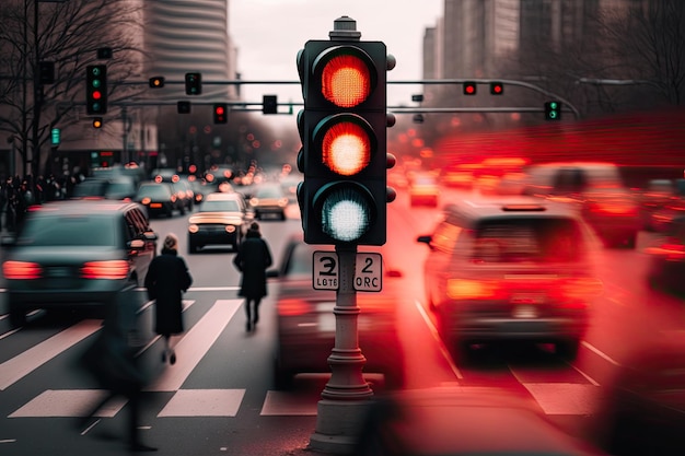 Rood verkeerslicht op druk kruispunt met zicht op vage auto's en voorbijrazende mensen