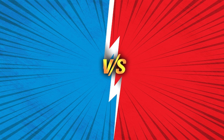 Foto rood versus blauw komische zoom stralen kleurrijke cartoon achtergrond