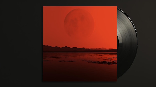 Foto rood vinyl met een maan op de achtergrond, met gelaagde en atmosferische landschappen. het donkergrijze, hyperrealistische water voegt diepte toe aan de woestijngolf-geïnspireerde scène. de lith printtechniek enh
