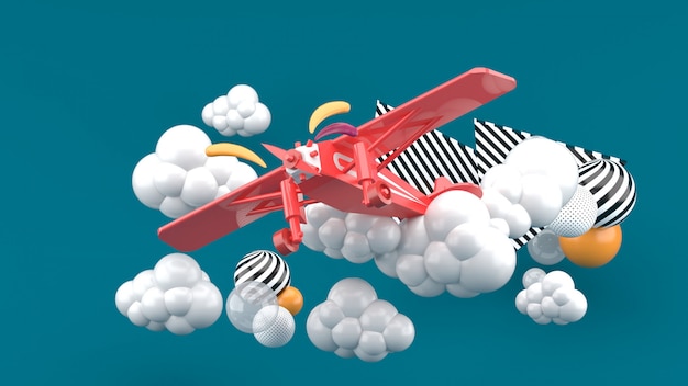 Rood vliegtuig in de wolken op groen. 3D render