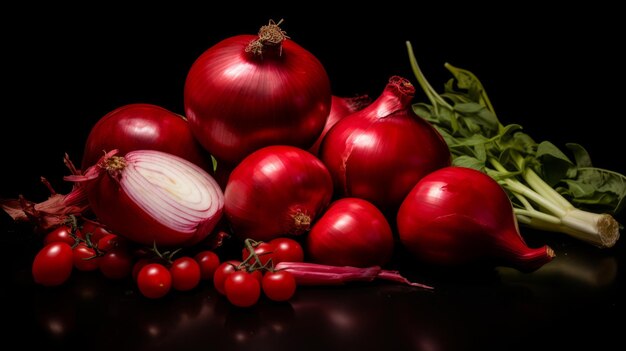 Rood voedsel op zwarte achtergrond Mooie compositie