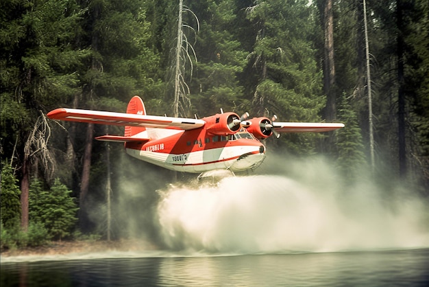 Rood-wit vliegtuig vliegt over water Generatieve AI