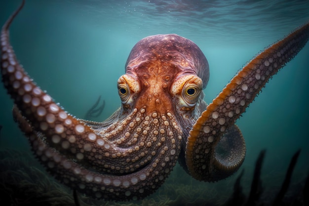 Roodbruine octopuszee met grote ogen op de oceaanbodem