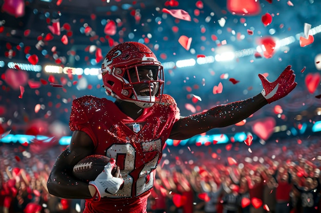 Roodgeklede Amerikaanse voetballer viert met een verlaten bal in een volgepakt stadion bij de Super Bowl