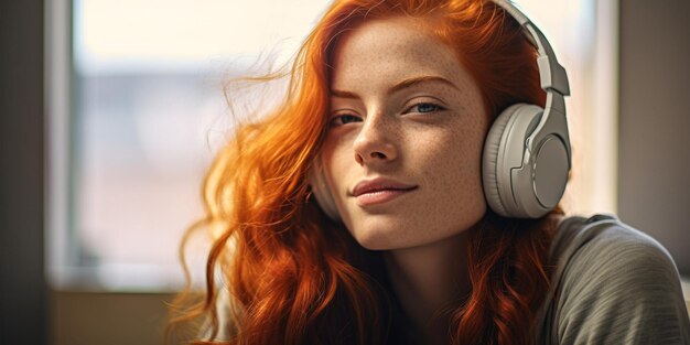 roodharig meisje met koptelefoon die naar muziek luistert Generatieve AI
