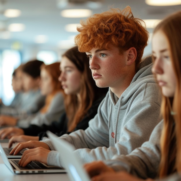 Roodharige jongen en klasgenoten met laptops in de klas