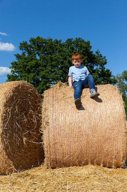 Roodharige jongen zittend op een stapel gouden stro in een veld