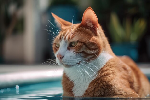 Roodharige kat aan het relaxen bij het zwembad39's side Kat poot aan het water In het zwembad vindt een kat wormen