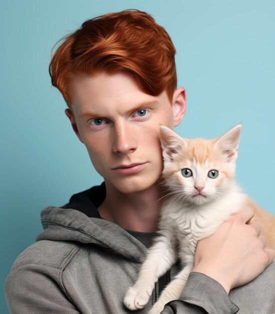 Roodharige man met een oranje en witte kitten