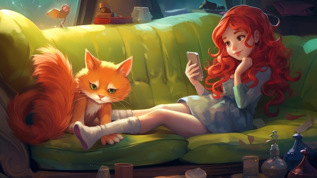 roodharige meisje speelt met een kat