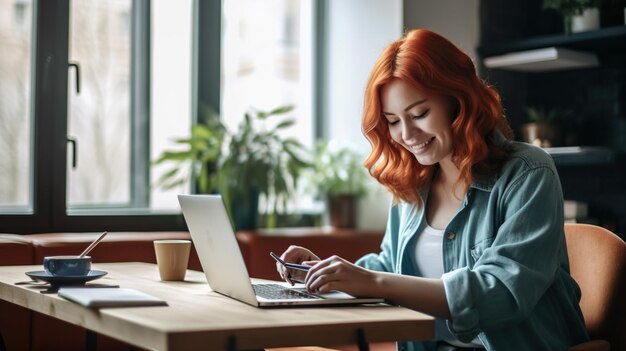 Roodharige vrouw die thuis werkt met een laptop geconcentreerd en glimlachend