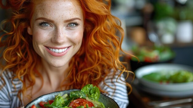 Roodharige vrouw met een bord salade