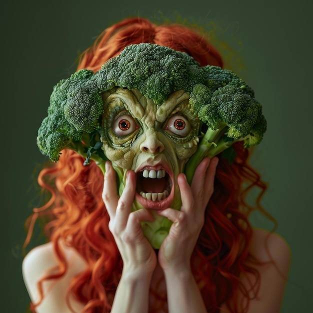 Foto roodharige vrouw met groen masker met broccoli