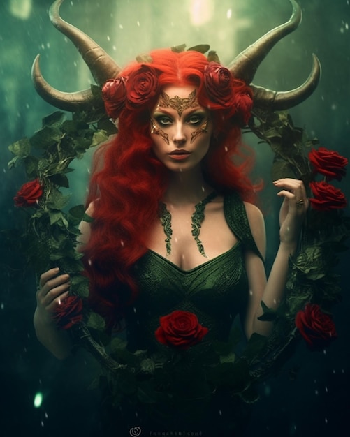 roodharige vrouw met hoorns en rozen in een groene jurk generatieve ai