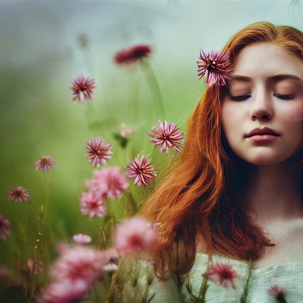 Roodharige vrouw portret met gesloten ogen en bloemen op achtergrond 3D-rendering