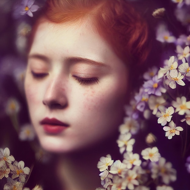 Roodharige vrouw portret met gesloten ogen en bloemen op de achtergrond 3D-rendering
