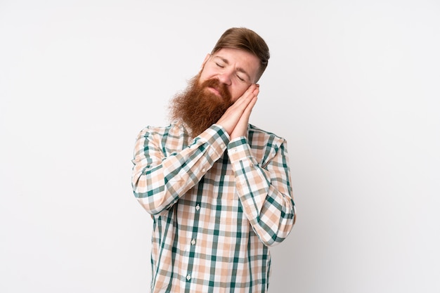 Roodharigemens met lange baard over geïsoleerd wit die slaapgebaar in dorable uitdrukking maken