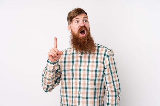 Roodharigemens met lange baard over geïsoleerde witte muur die een idee denken dat de vinger benadrukt