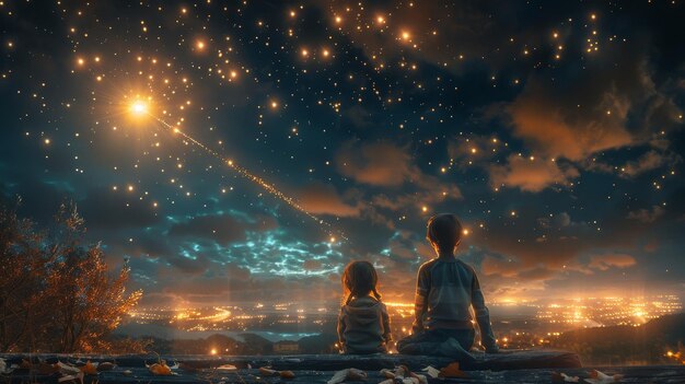 On the roof are two cute children looking at the stars One boy and one girl see a shooting star and make a wish