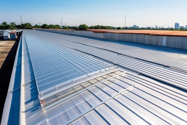 A roof of a building with a blue sky in the background.