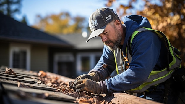 Photo on a roof a construction worker is installing shingles