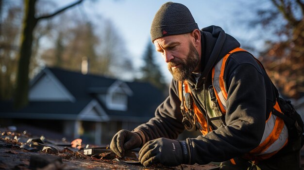 On a roof a construction worker is installing shingles