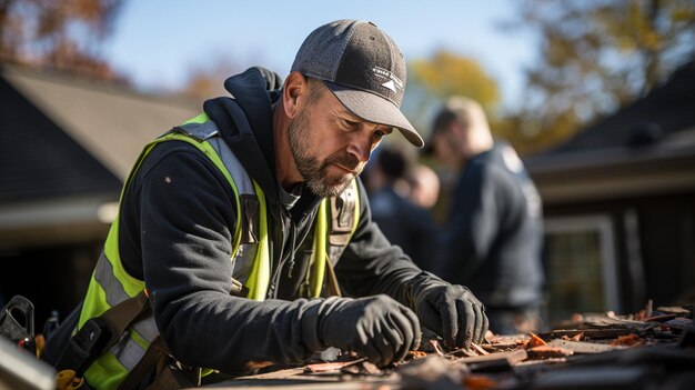 On a roof a construction worker is installing shingles