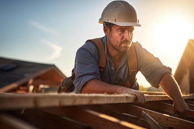 建設現場で屋根構造を作業する屋根工事労働者 勤務中の建設労働者