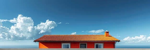 青い空の背景にオレンジ色のセラミックタイルで覆われた家の屋根