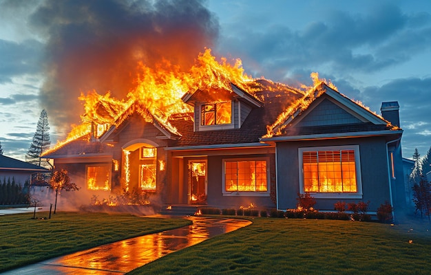 Photo the roof of a house has caught fire