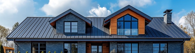 Photo roof of house is covered with black metal modern roofing material against a blue sky