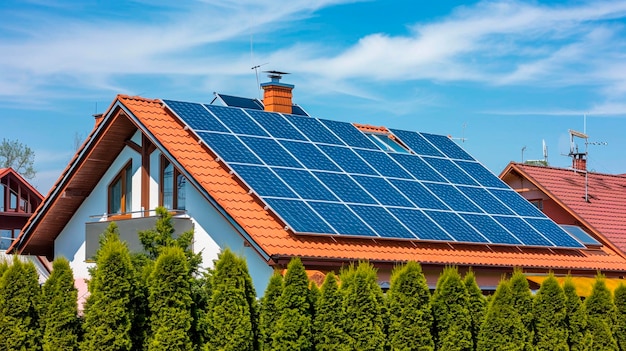 The roof of the house is covered with solar panels Selective focus