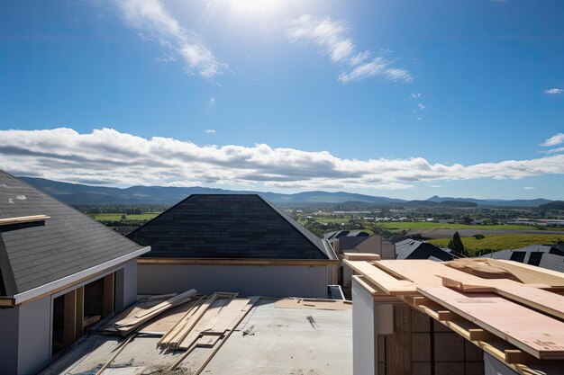 Крыша нового дома с видом на далекие горы и ясное голубое небо