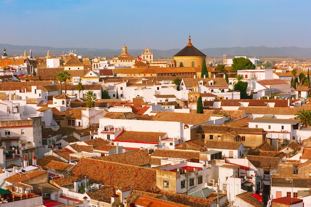 스페인 코르도바 안달루시아(Cordoba Andalusia Spain)의 메스키타(Mezquita)에 있는 종탑에서 오래된 도시와 교회 이글레시아 델 콜레지오 데 산타 빅토리아(Iglesia del Colegio de Santa Victoria)의 공중 전망