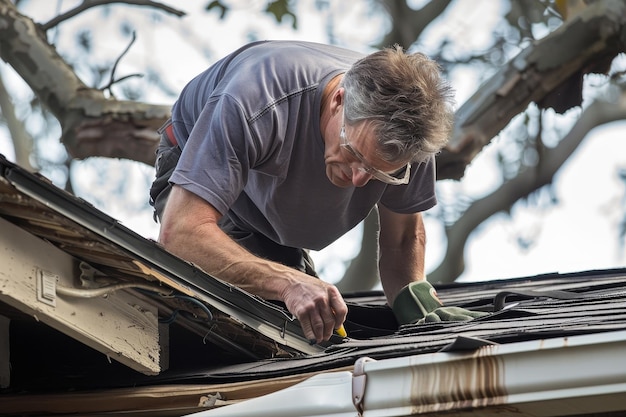 A roof repairman fixing a leaking roof illustrating roofing repair skills