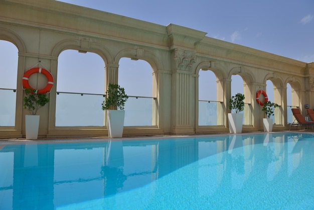 roof swimming pool at top of the hotel with blue sky in background