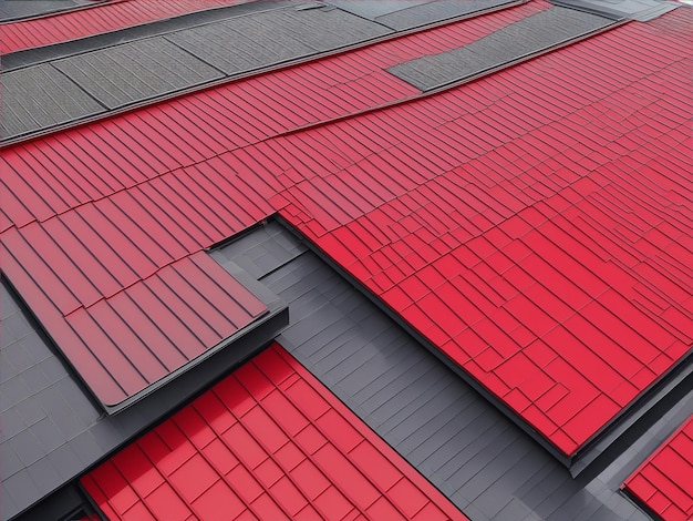 A roof that has red and black siding on it