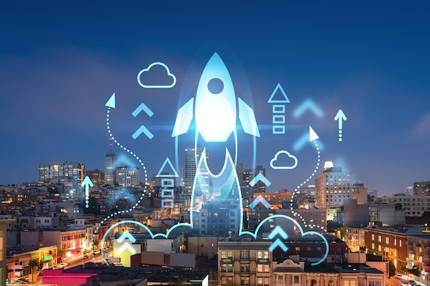 roof top panoramic city view of san francisco at night time midtown skyline california united states startup company launch project to seek and develop scalable business model hologram