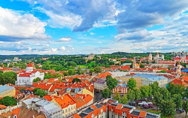 Vista dall'alto del tetto sulla cattedrale della theotokos e sulla città vecchia di vilnius, lituania