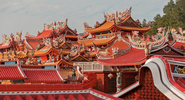 A roof top view of a chinese temple.