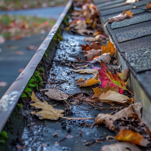 Photo roof with leaves and water on it generated by ai