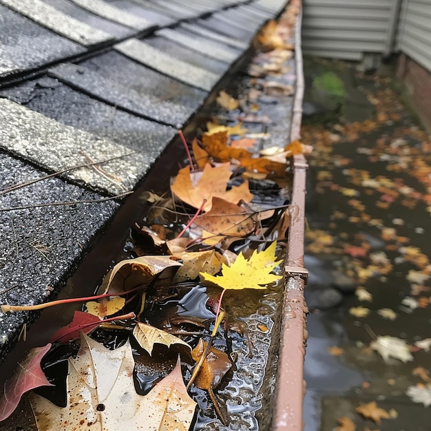 Photo roof with leaves and water on it generated by ai