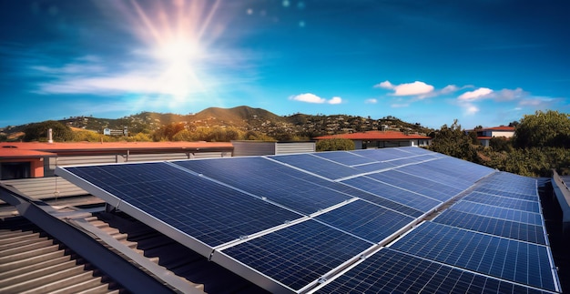 A roof with solar panels under blue skies