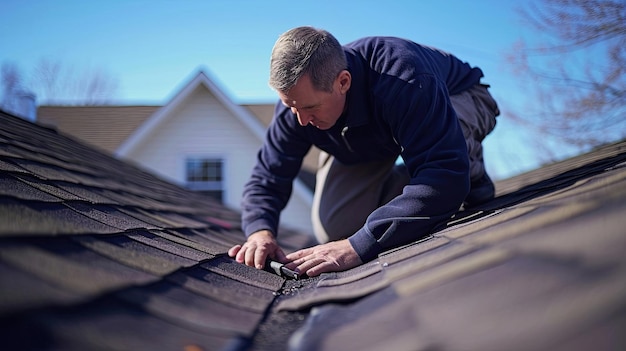 Foto roofer inspectie en reparatie van het dak expertise grondigheid onderhoud ambachtelijke veiligheidsvoorzorgsmaatregelen ijverig werk reparatieproces geschoolde arbeid gegenereerd door ai