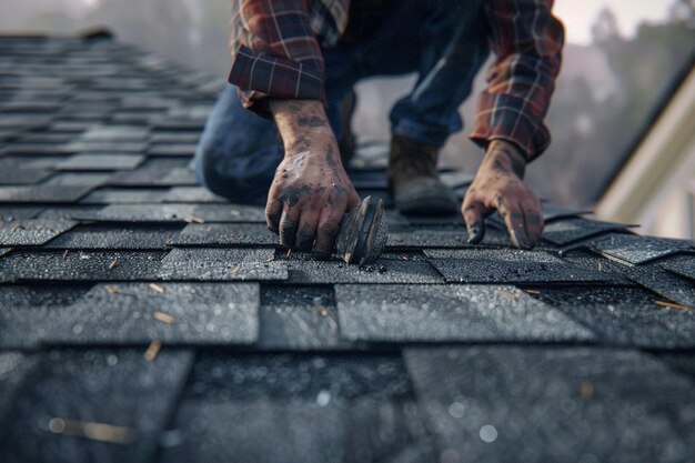 Photo roofer installing shingles on roof