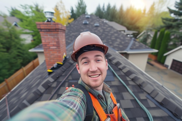 Foto roofer neemt een selfie met vers voltooid dak en schoorsteen